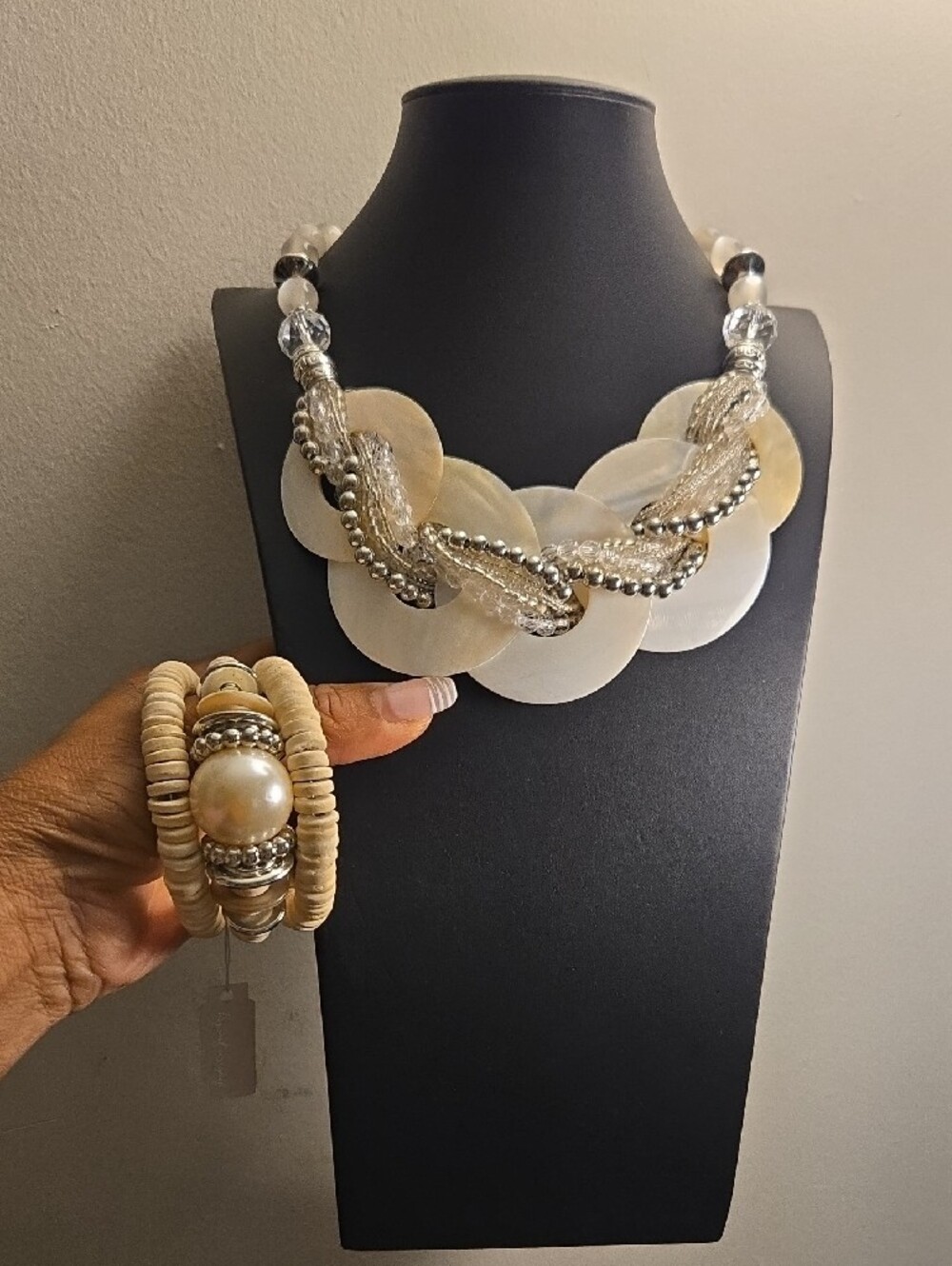 Cream Mother-of-Pearl Necklace With Silver Bead Accents & Wrap Around Bracelet